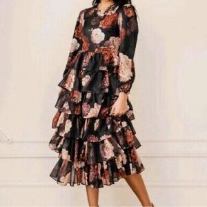 JESSAKAE Black Floral Tiered Ruffle Dress - Large